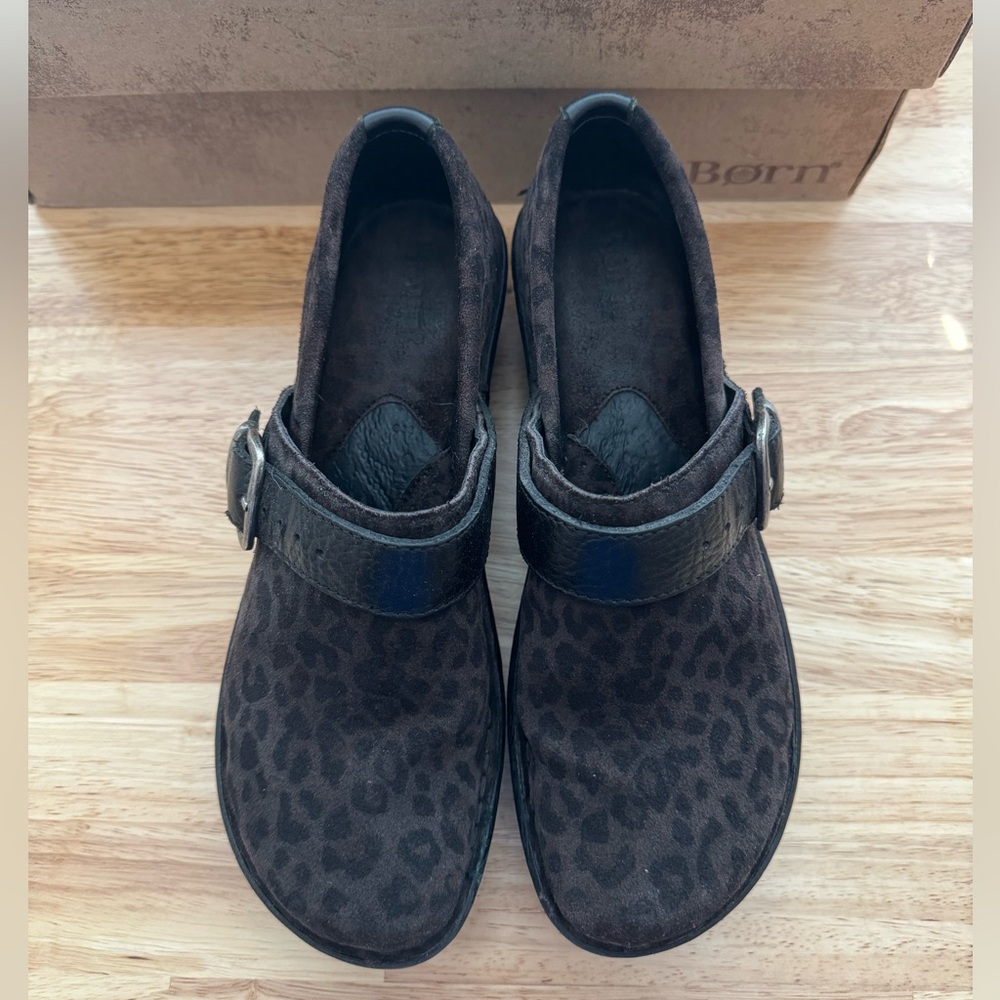 Born Glendell Black Leopard Print Shoe. Size 8. Clog style.